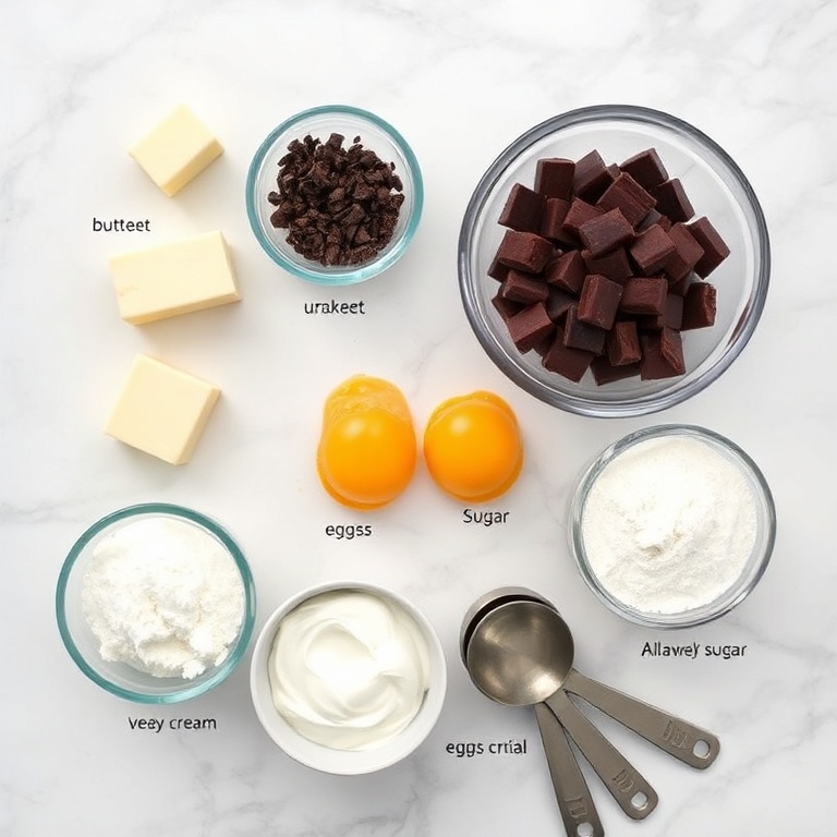 Raw ingredients for Chocolate Mousse Brownies arranged on a white marble surface
