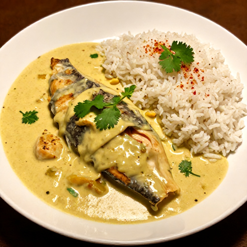 Plated Coconut Lime Fish Curry with Jasmine Rice