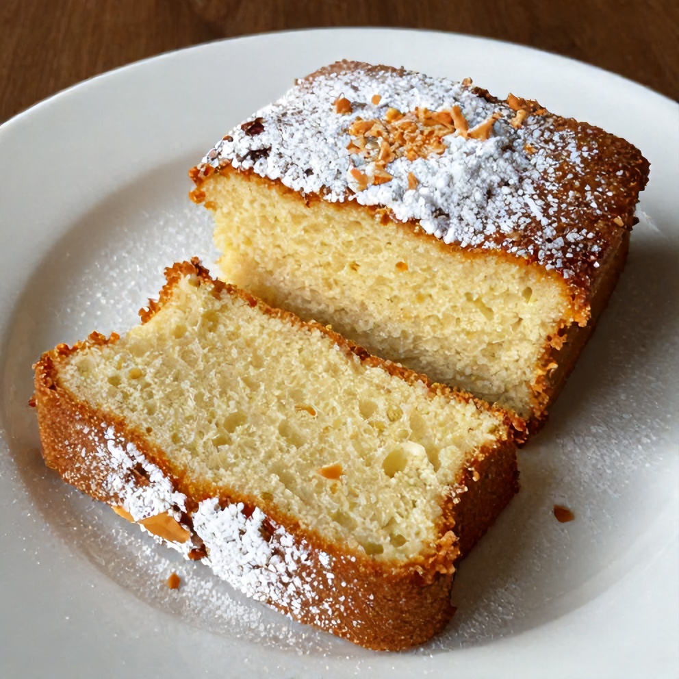 Coconut Milk Snack Cake sliced and served on a plate