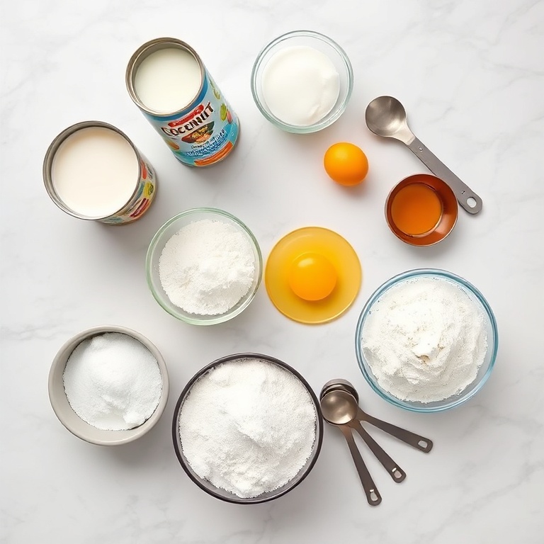 Coconut milk, sugar, eggs, flour, and baking powder arranged on a marble surface