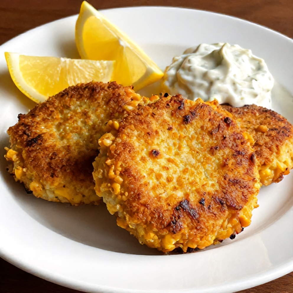 Plated cornbread stuffing crab cakes with lemon wedges