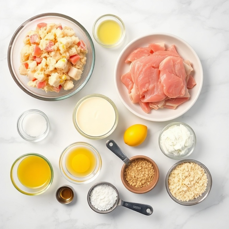 Raw ingredients for cornbread stuffing crab cakes arranged on a marble surface