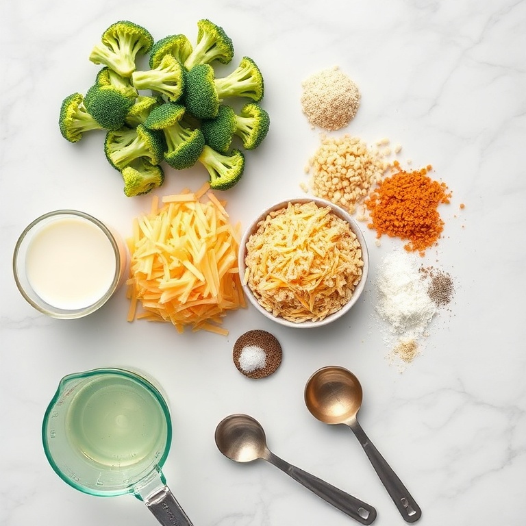 Raw ingredients for Broccoli Quinoa Bake on a white marble surface