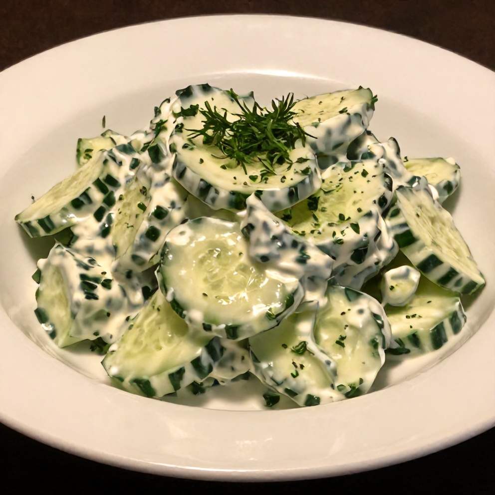 Plated creamy cucumber salad with fresh herbs