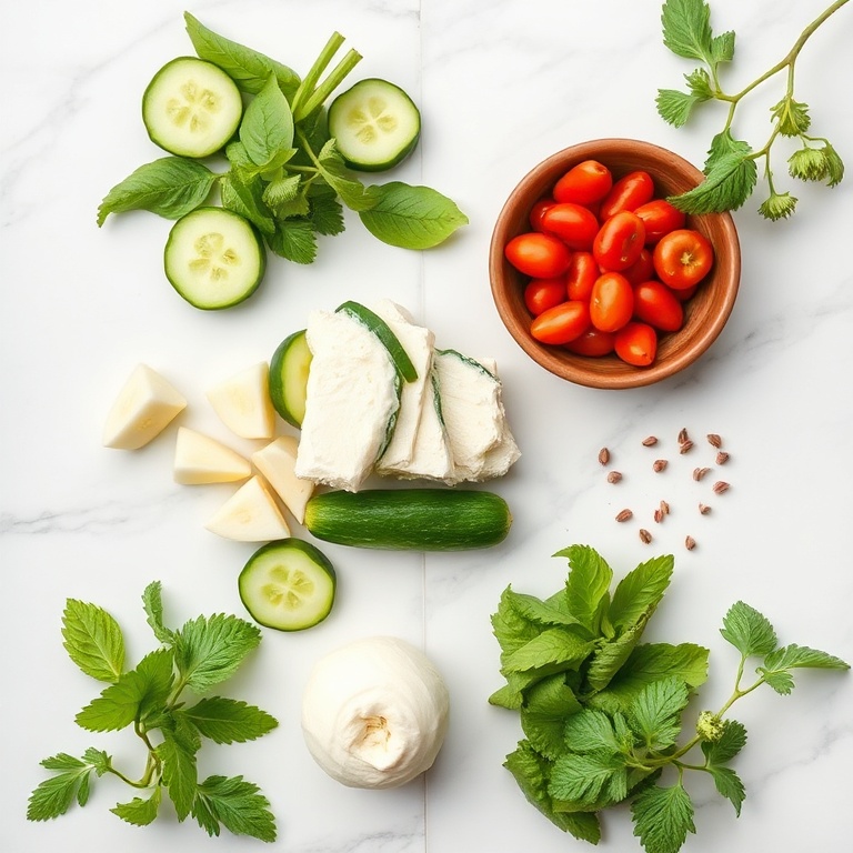 Raw ingredients for creamy cucumber salad on a wooden surface