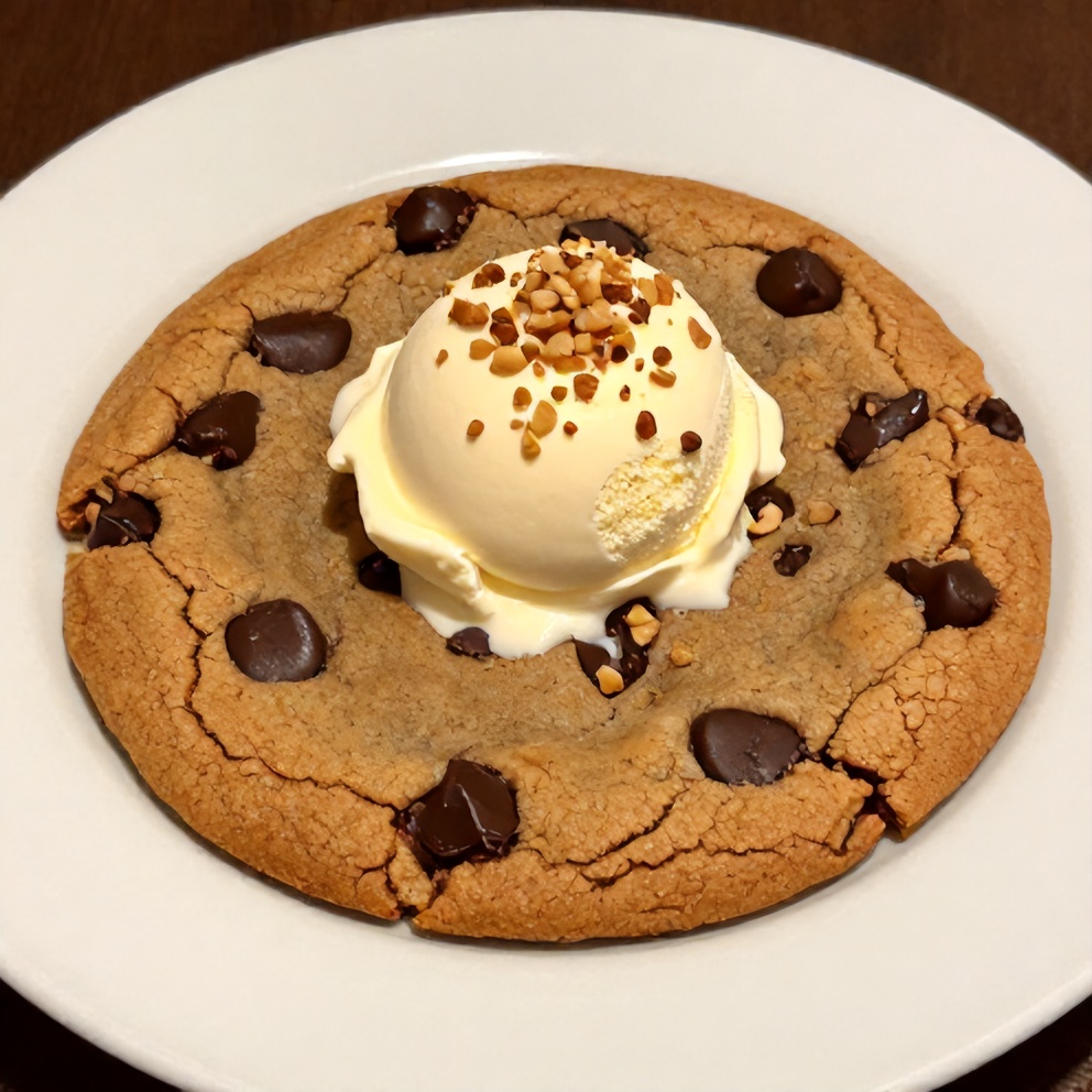Sliced chocolate chip cookie pie on a white plate