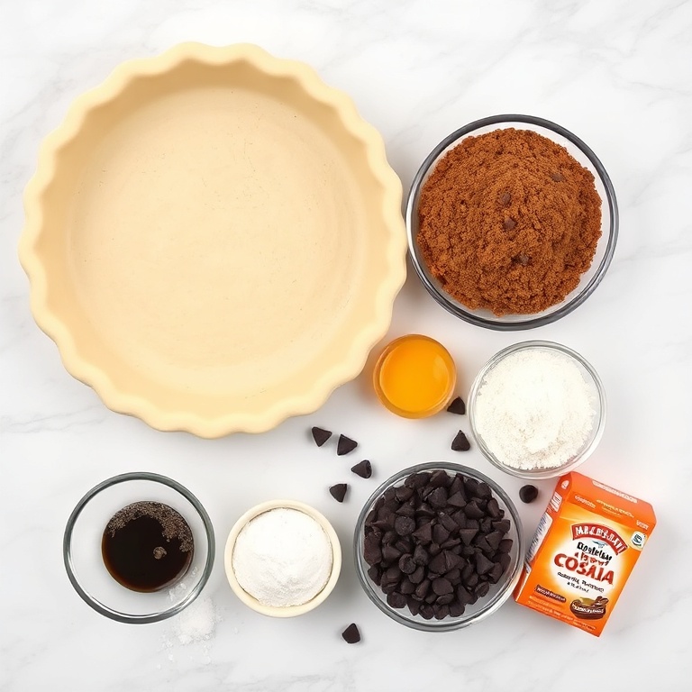 Chocolate chip cookie pie ingredients on a white marble surface