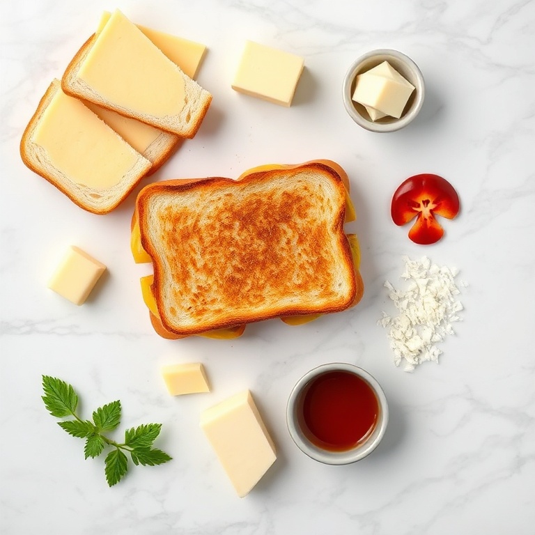Bread, cheese, butter, and other ingredients for grilled cheese sandwich