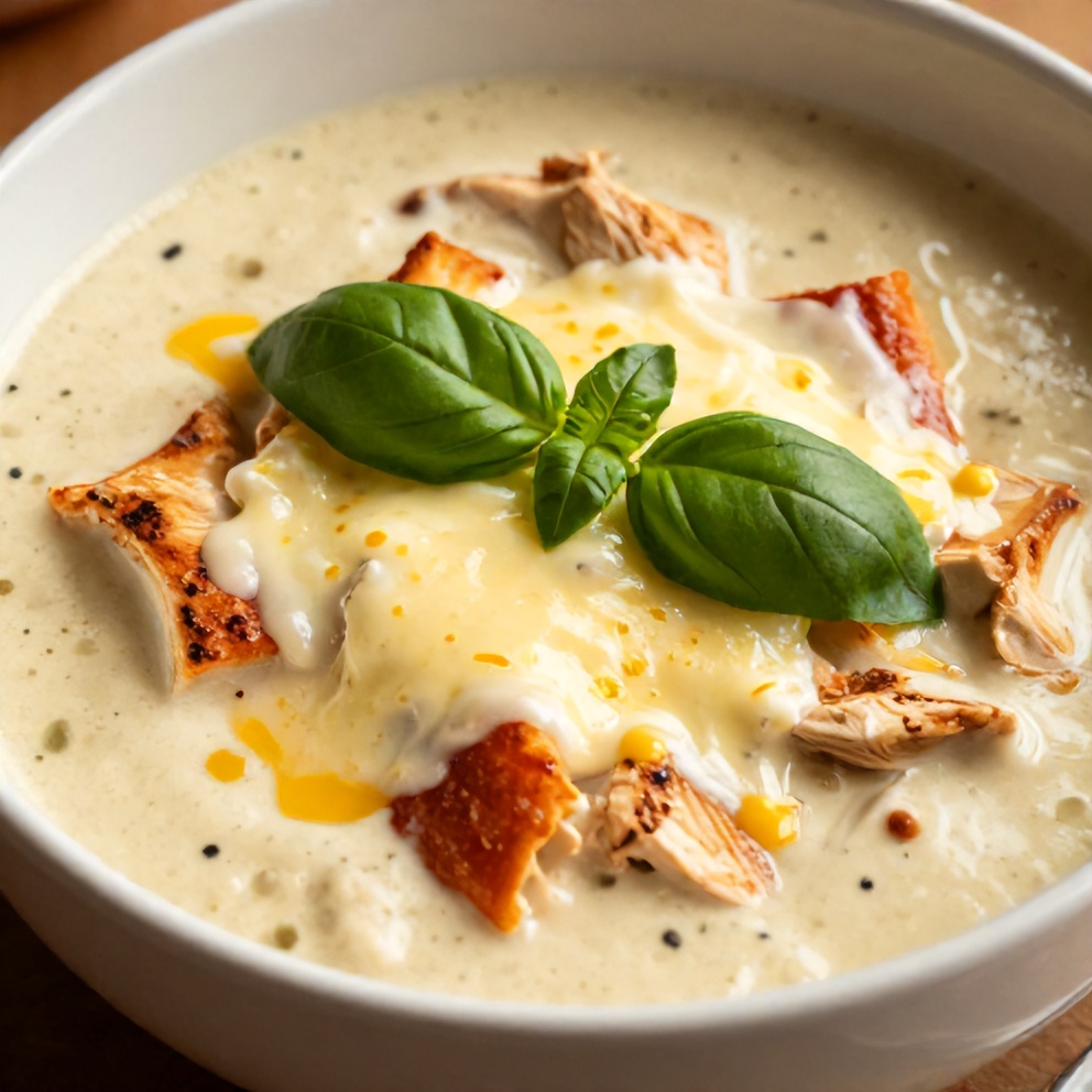 Bowl of creamy Chicken Parmesan Soup with melted mozzarella cheese and fresh basil