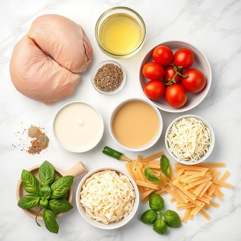 Raw ingredients for Crock Pot Creamy Chicken Parmesan Soup laid out on a wooden surface