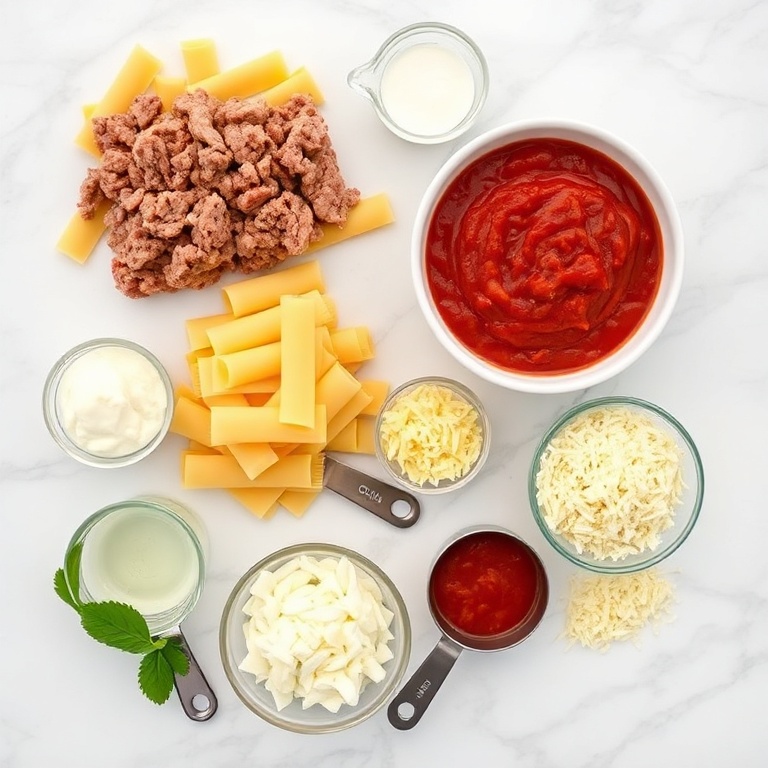 Raw ingredients for Crockpot Lasagna including ground beef, lasagna noodles, and ricotta cheese