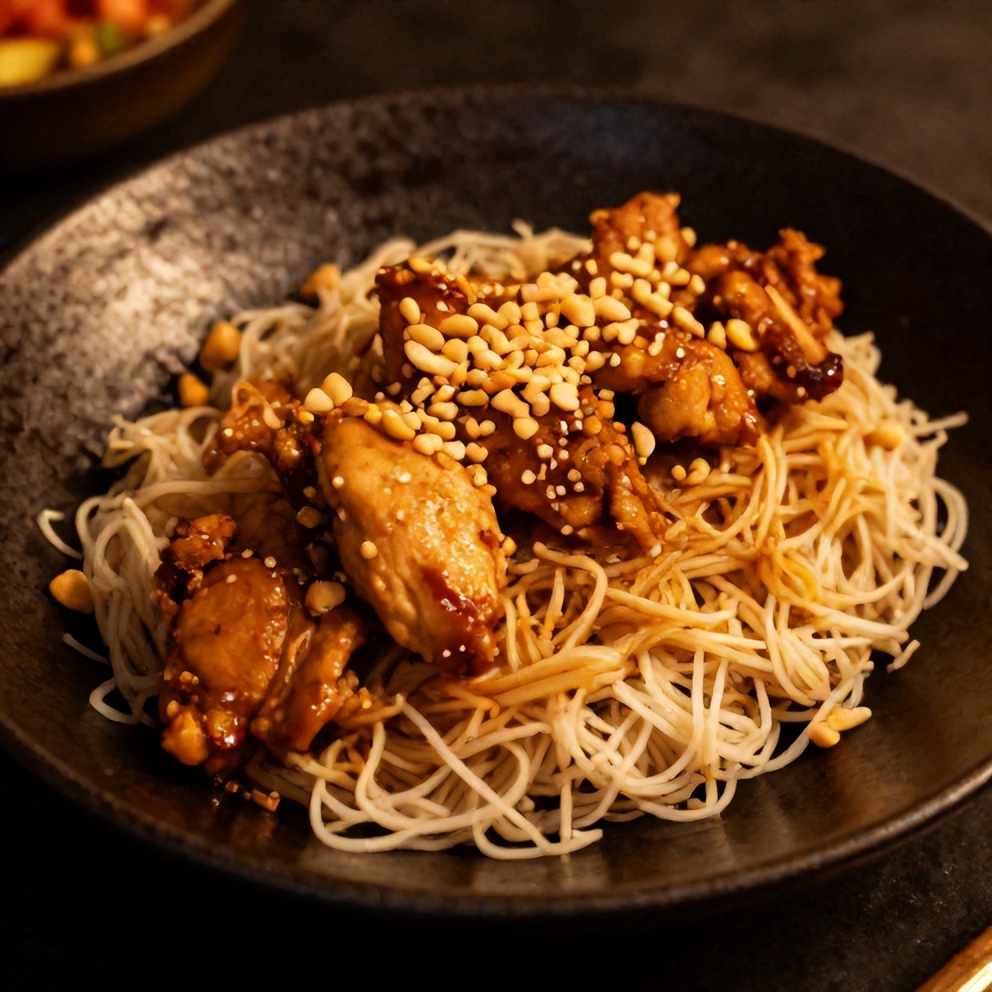Thai Peanut Chicken served over rice noodles with a sprinkle of chopped peanuts