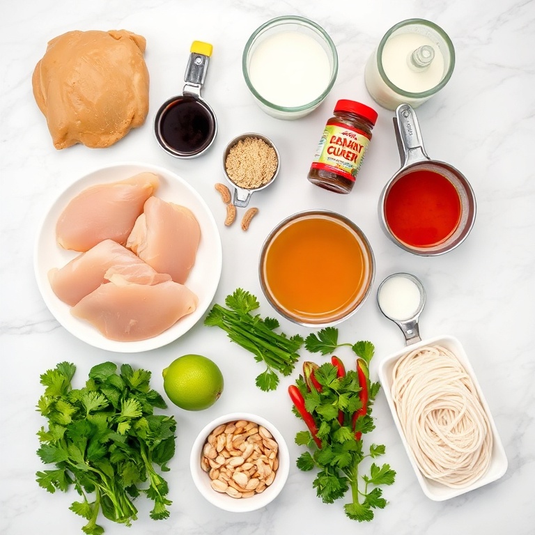 Ingredients for Thai Peanut Chicken: chicken breasts, peanut butter, soy sauce, garlic, ginger, brown sugar, coconut milk, chicken broth, red curry paste, bell peppers, green onions, cilantro, lime, peanuts, and rice noodles