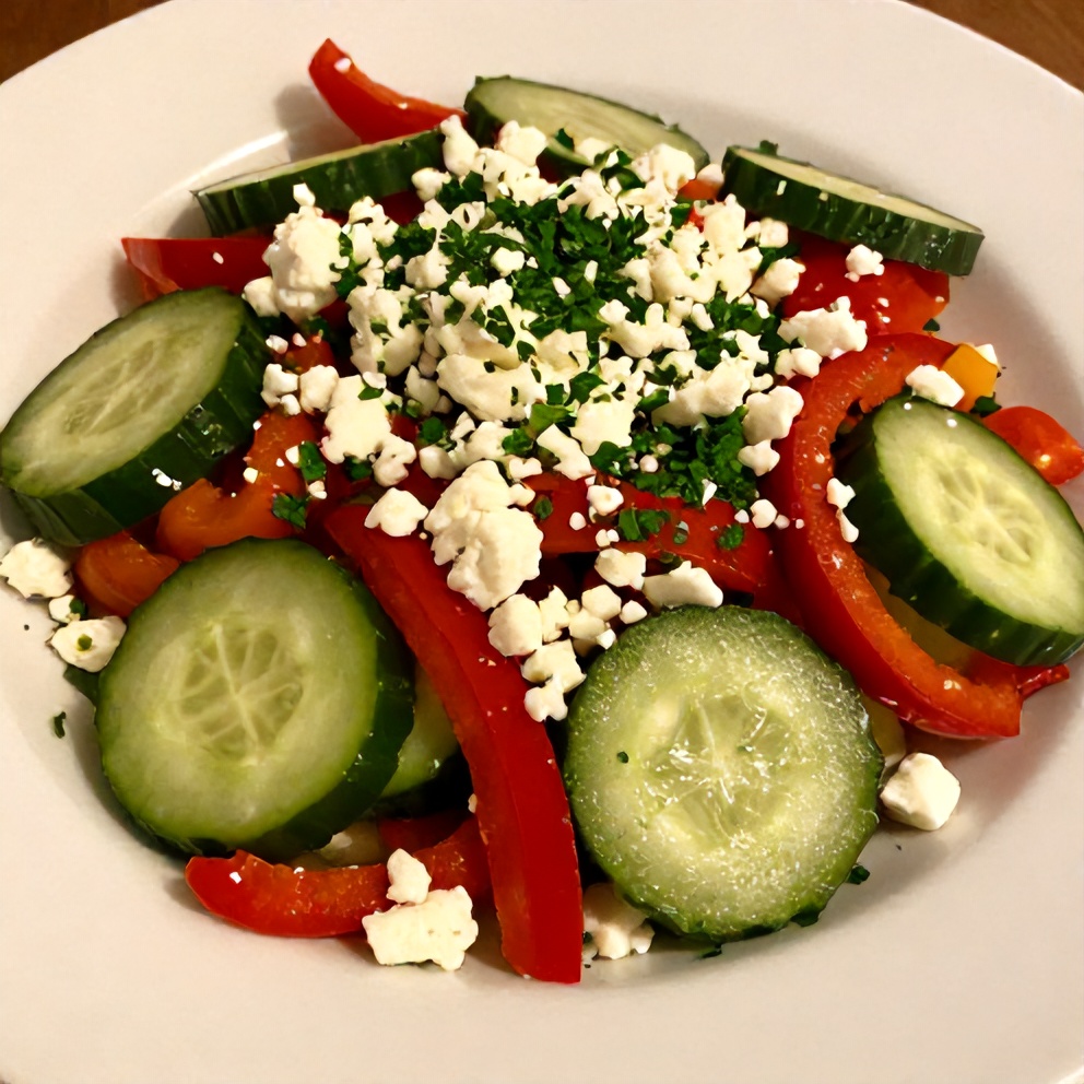 Easy Cucumber Sweet Pepper Salad plated with a sprinkle of fresh parsley