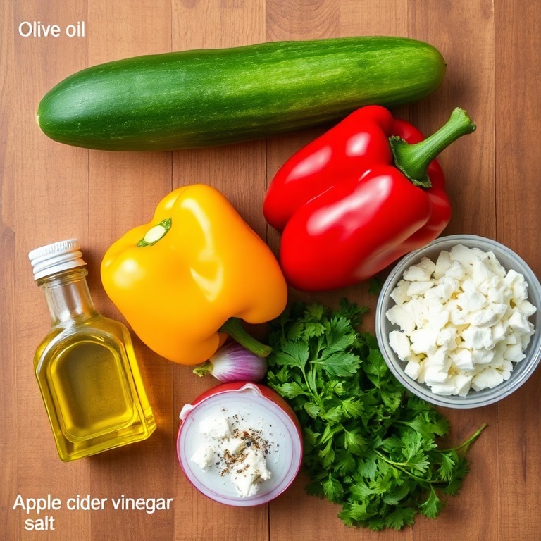 Raw ingredients for Easy Cucumber Sweet Pepper Salad on a wooden surface