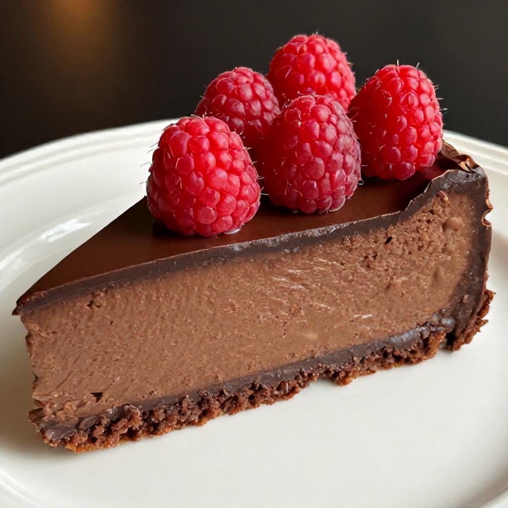 A slice of Easy Dark Chocolate Raspberry Cheesecake on a white plate