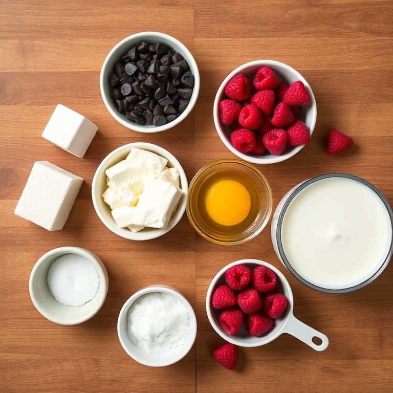 Dark chocolate, cream cheese, raspberries, and other ingredients laid out on a wooden surface