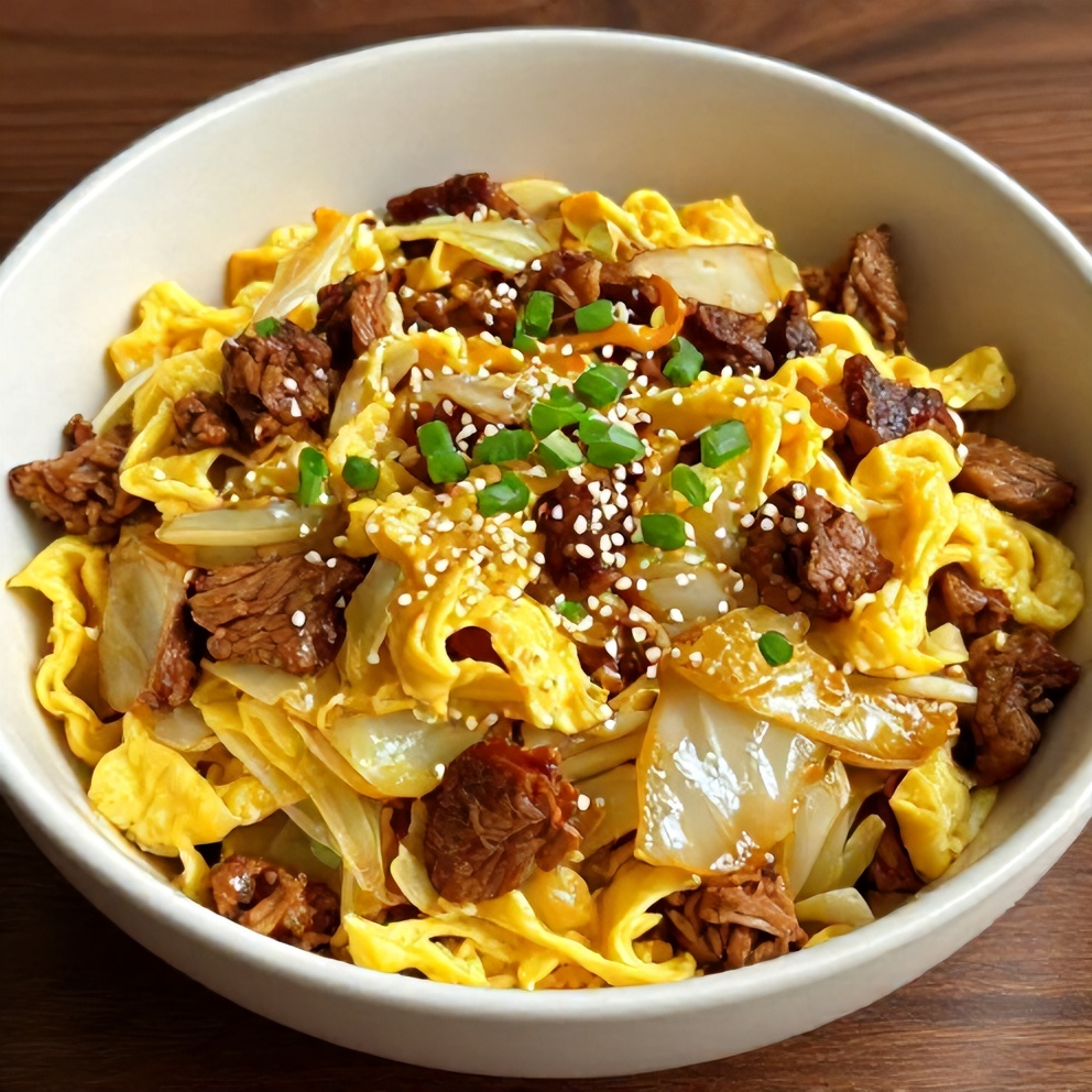 Egg Roll in a Bowl with Ground Turkey and Cabbage on a plate