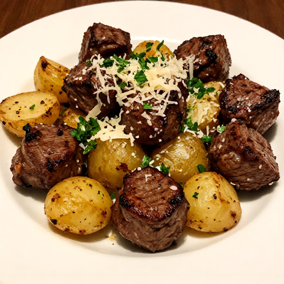Plated Garlic Butter Steak Bites with Potatoes