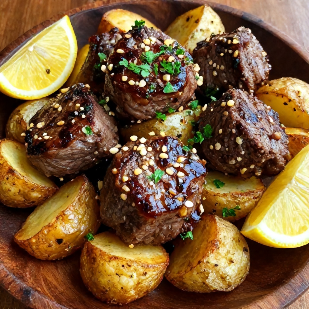 Plated garlic butter steak bites with potatoes