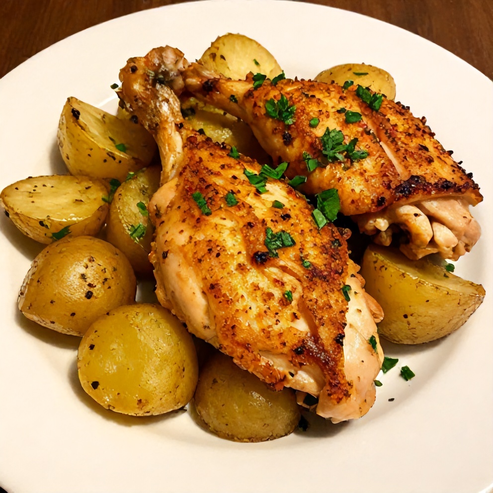 Plated garlic parmesan chicken and potatoes