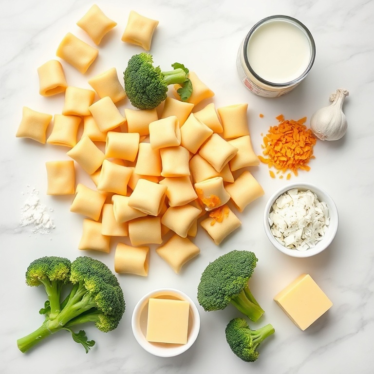 Gnocchi, broccoli, cheese, milk, and other ingredients for Gnocchi and Broccoli Bake