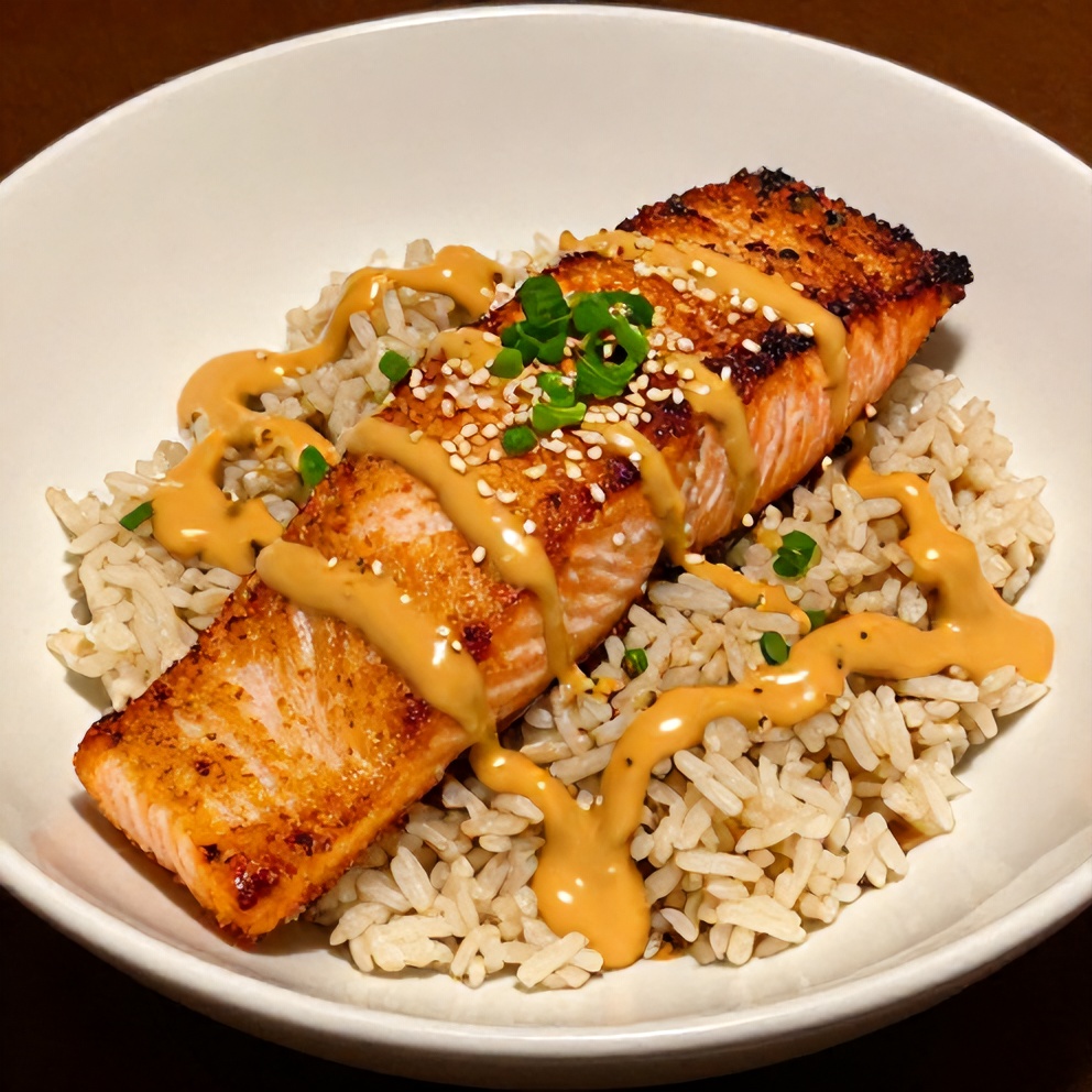Plated Gochujang Butter Salmon Rice Bowl