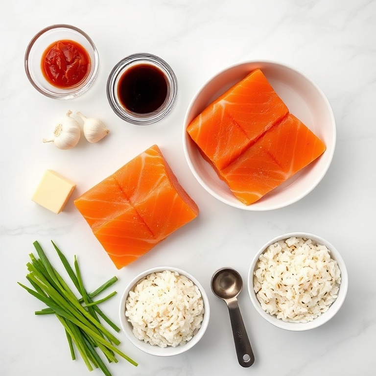 Raw Ingredients for Gochujang Butter Salmon Rice Bowl