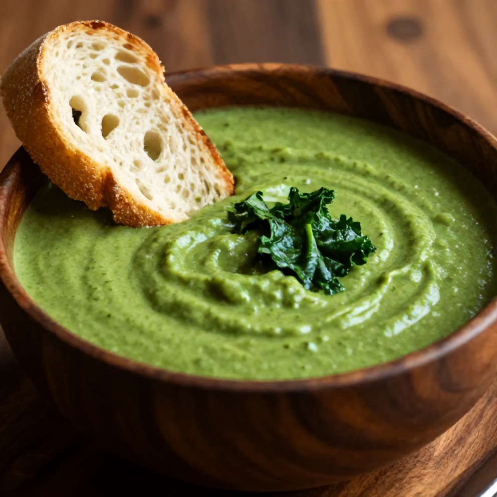 Bowl of green vegetable soup with crusty bread