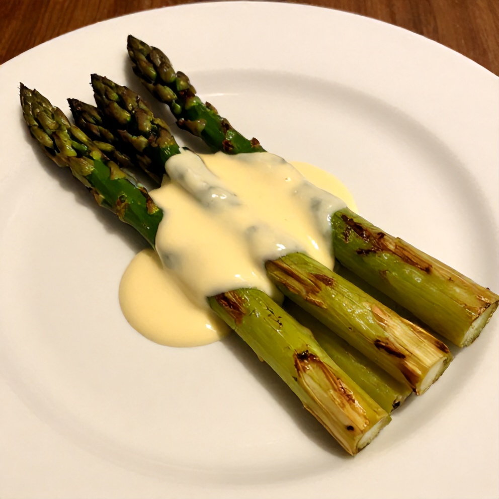 Plated grilled asparagus with tahini lemon sauce