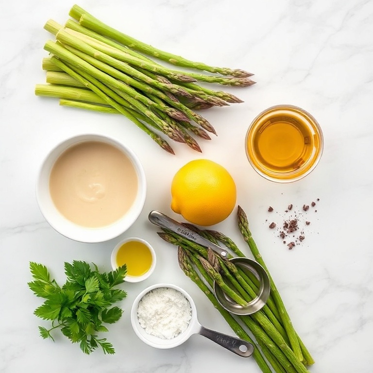 Raw ingredients for grilled asparagus with tahini lemon sauce