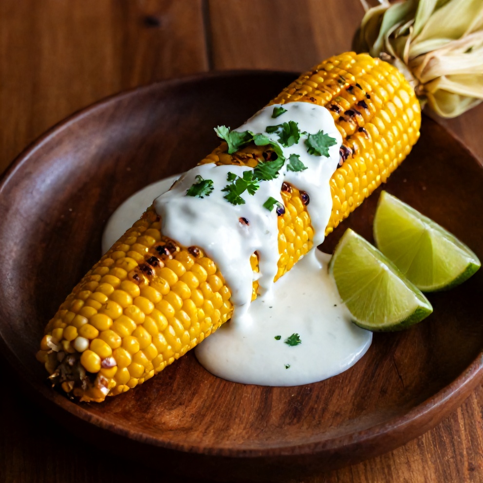 Plated grilled corn on the cob with chili lime yogurt sauce