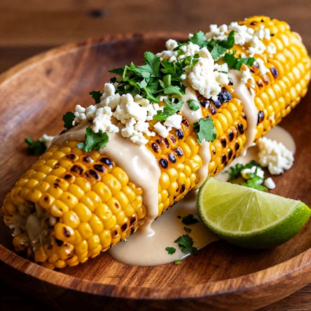 Plated Grilled Mexican Street Corn with lime wedge and cilantro
