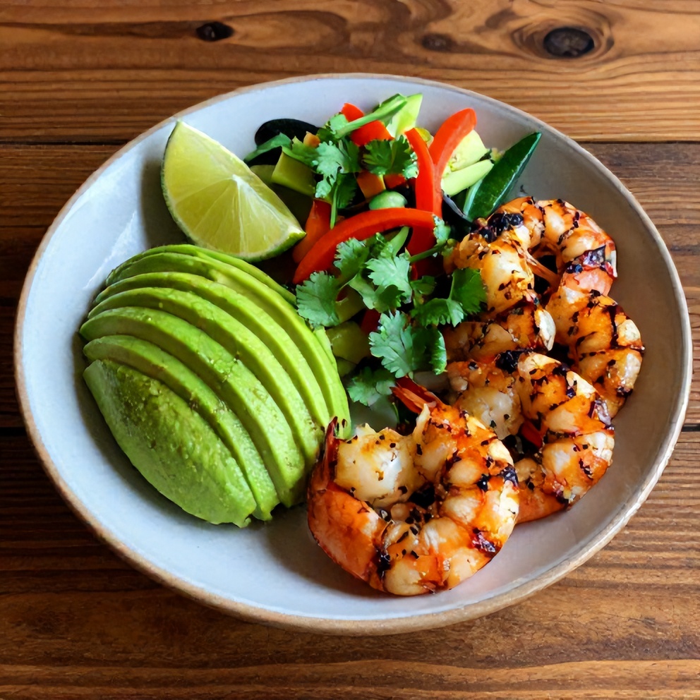 Grilled Shrimp and Avocado Bowl plated with a lime wedge and fresh cilantro
