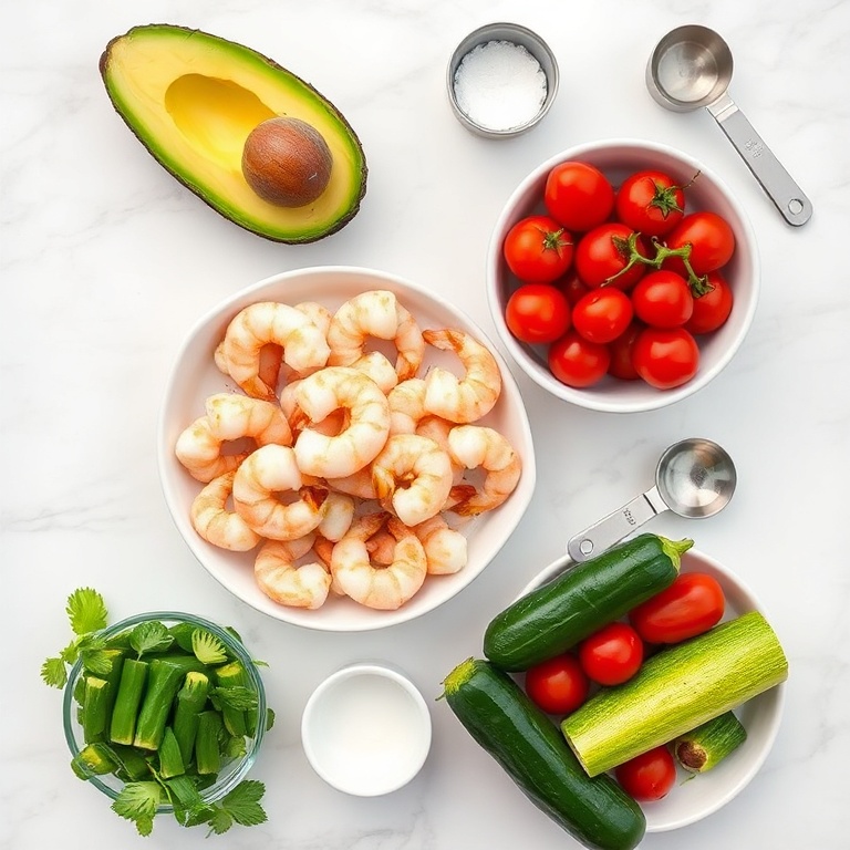 Raw ingredients for Grilled Shrimp and Avocado Bowl: shrimp, avocado, bell peppers, zucchini, and cherry tomatoes