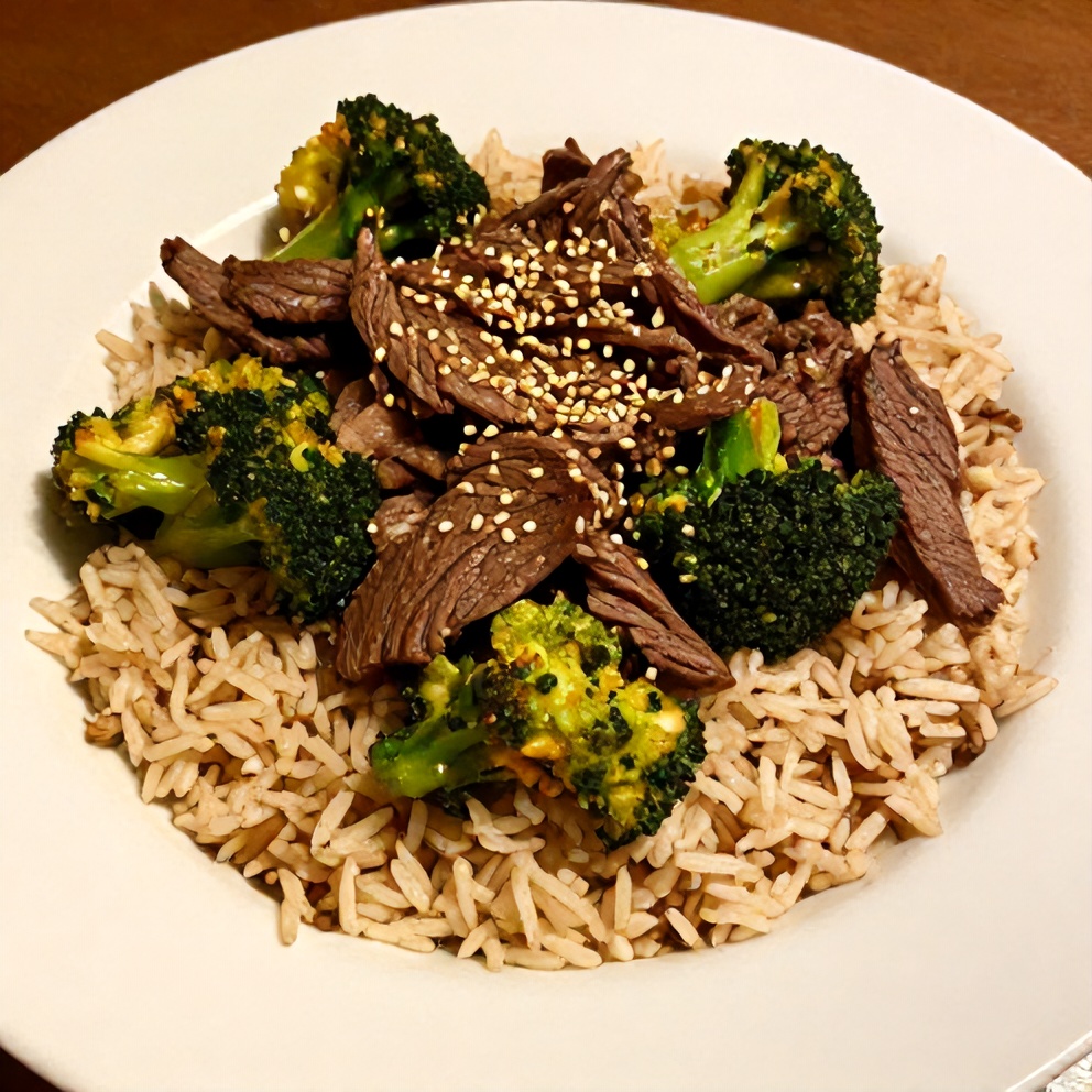 One perfect plated serving of Beef and Broccoli Rice Bowls on a white plate, garnished with sesame seeds. Close crop, warm side lighting showing texture.