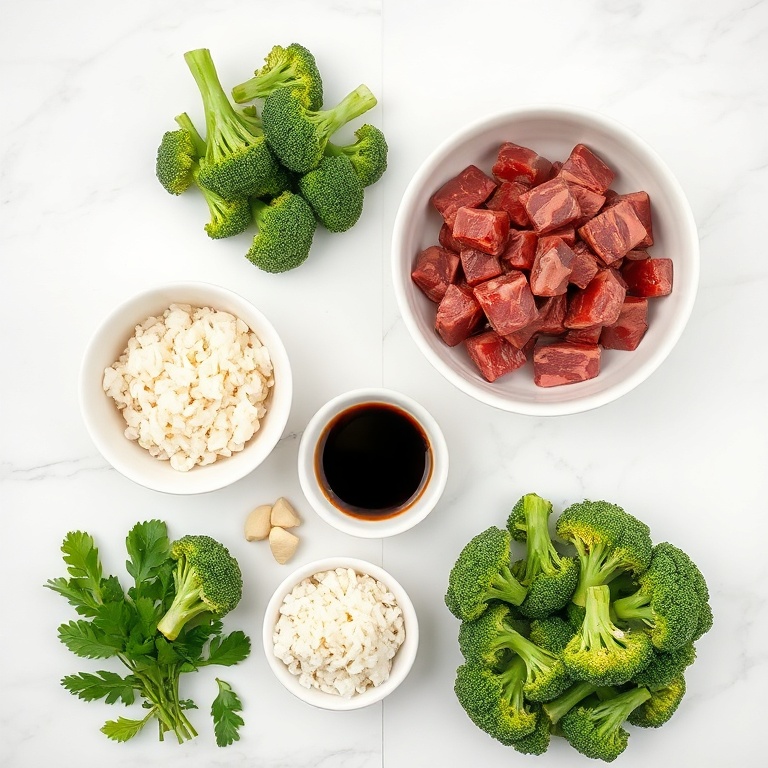 Raw ingredients for Beef and Broccoli Rice Bowls arranged in an overhead flat lay: beef, broccoli, rice, soy sauce, minced garlic, ginger, and cornstarch. White marble surface, bright even light.