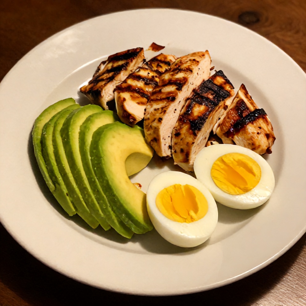 Plated Grilled Chicken Cobb Salad with avocado and hard-boiled eggs