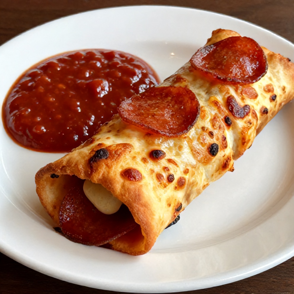 Pepperoni pizza roll on a plate with a side of marinara