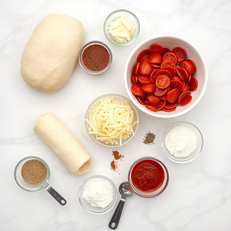 Raw ingredients for pepperoni pizza rolls on a marble surface