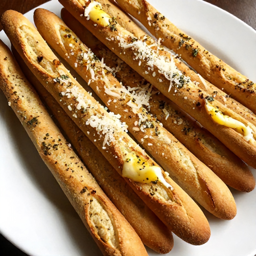 Plated serving of homemade Olive Garden style breadsticks with garlic butter