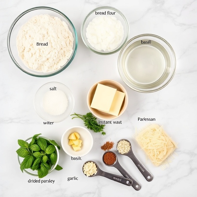 Raw ingredients for homemade Olive Garden breadsticks on a marble surface