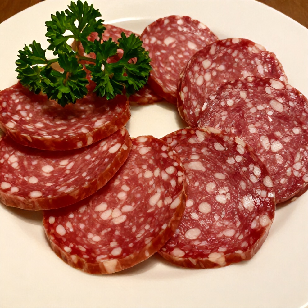 Vegan salami slices on a plate with a side of mixed greens