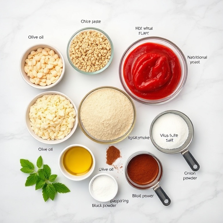 Raw ingredients for vegan salami: vital wheat gluten, chickpea flour, nutritional yeast, tomato paste, olive oil, liquid smoke