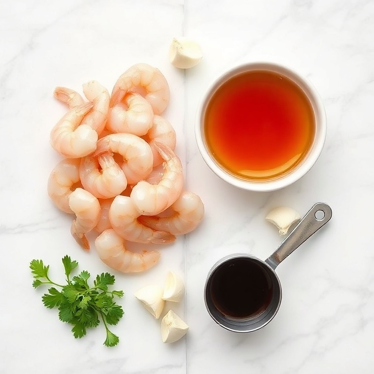 Raw ingredients for honey garlic shrimp laid out