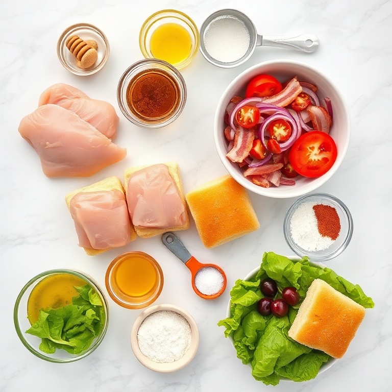 Raw ingredients for Honey Mustard BLT Chicken Sliders on a wooden surface
