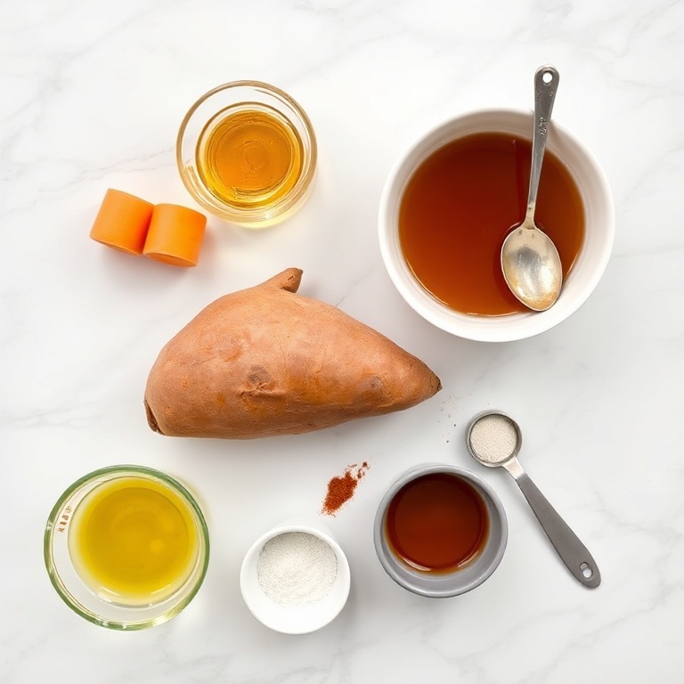 Ingredients for honey roasted sweet potatoes on a marble counter