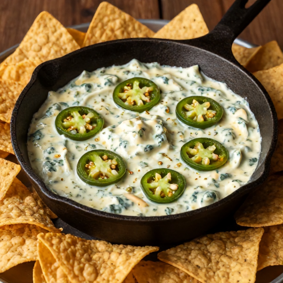 Jalapeño Spinach Artichoke Dip served in a cast iron skillet with tortilla chips