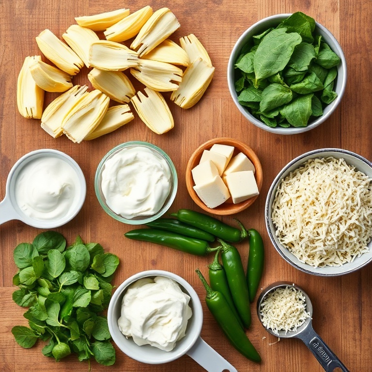 Raw ingredients for Jalapeño Spinach Artichoke Dip laid out on a wooden surface