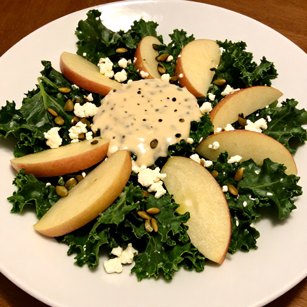 Plated kale apple salad with lemon tahini dressing